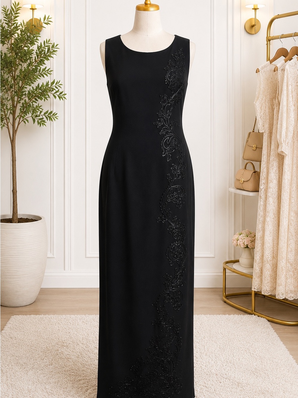Maggy Londondon Size 12 Black Beaded Floral Maxi Evening Dress Side Slit